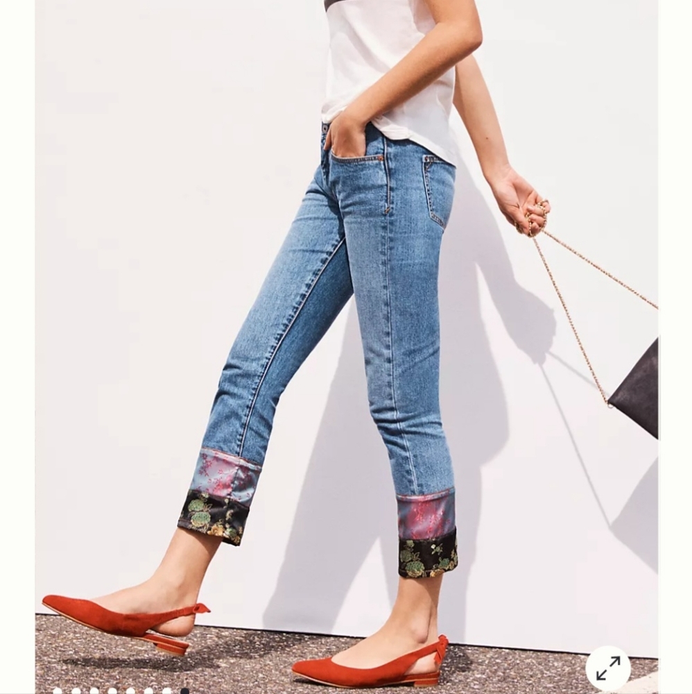 Anthropologie Blue Boyfriend Jeans with Floral Cuffs